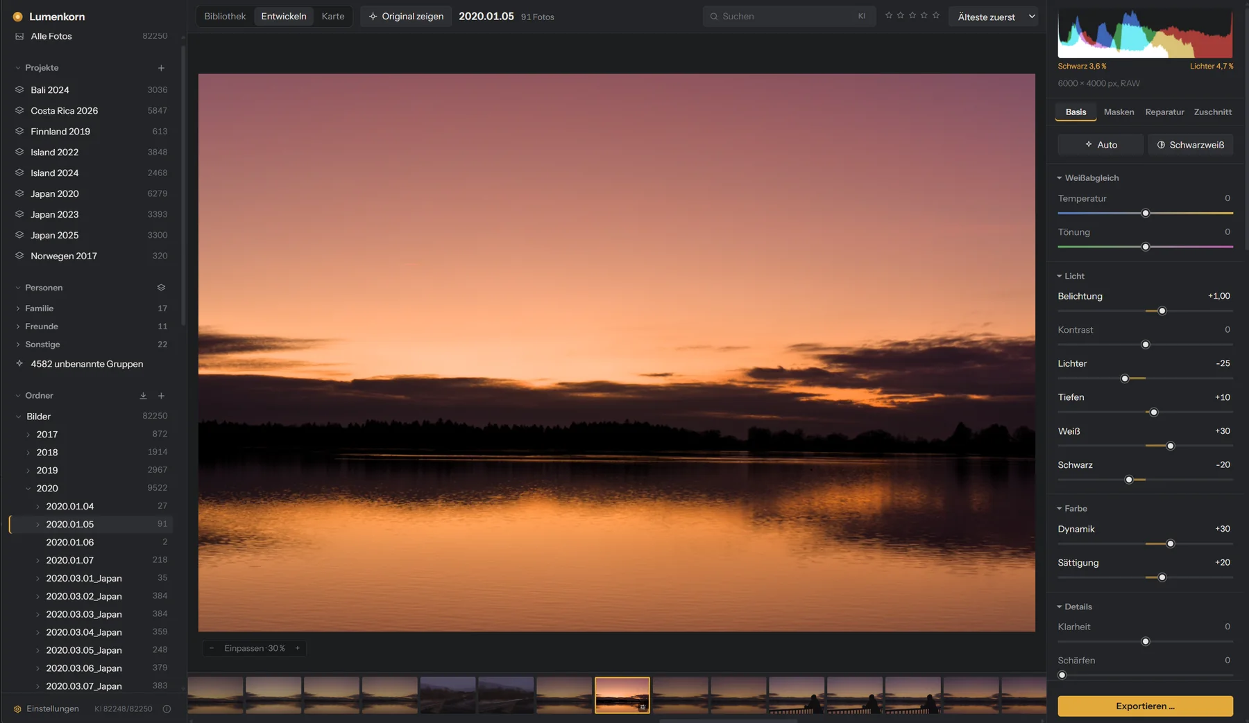 Lumenkorn's Develop view with a sunset over a lake and the sliders for white balance, light and color